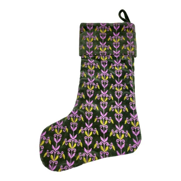 Large Anthropologie Brocade Velvet Embroidered Christmas Stocking Green/ Lilac - Picture 1 of 6